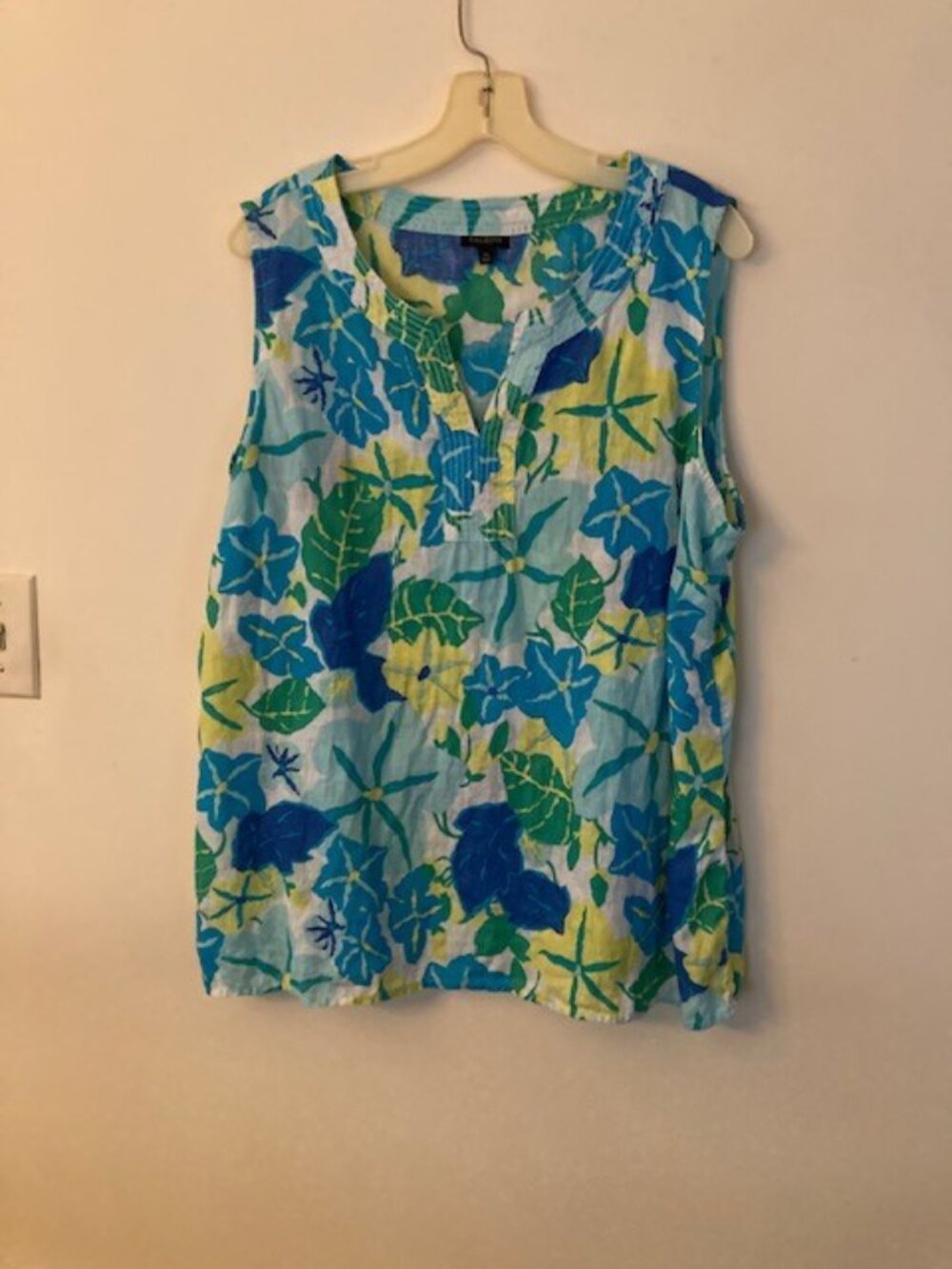 Talbots Blue Floral Linen Tank Top Size XL